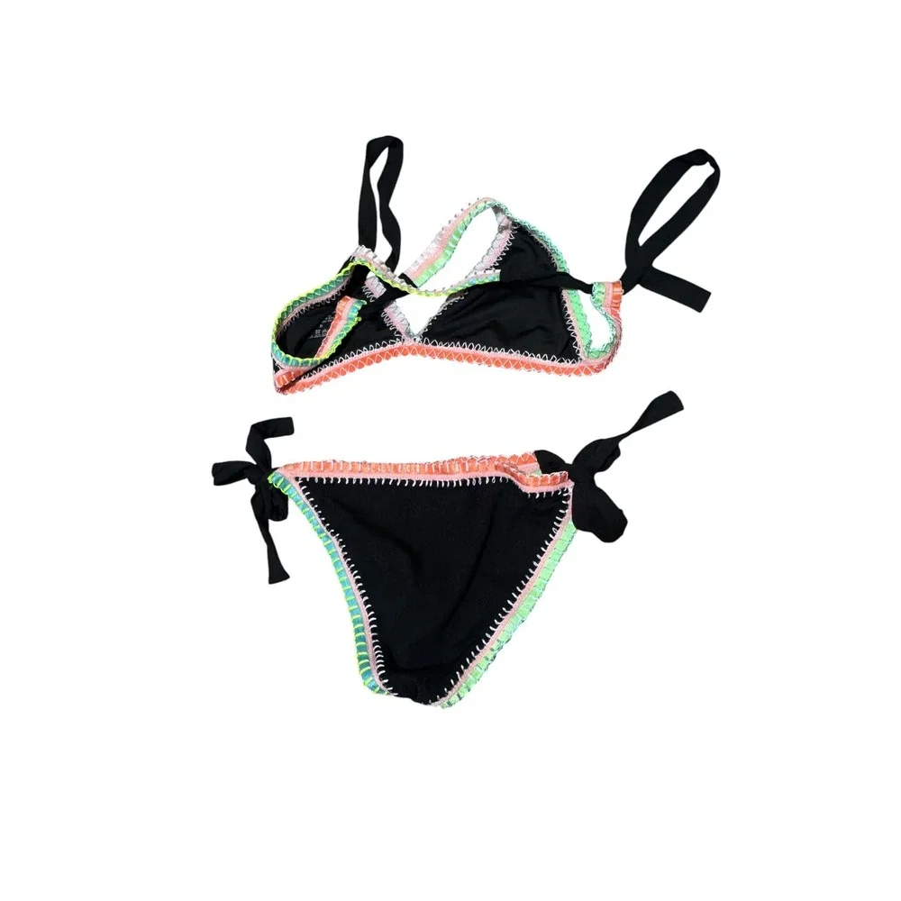 Platinum PQ Swim Solange Ferrarini Crochet Trim Ribbed Bikini Set Black D Cup/L